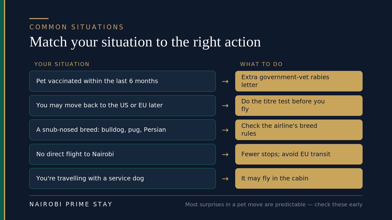Common situations and what to do about each: vaccinated within six months may need an extra government-vet letter; a possible future move back to the US or EU means do the rabies titre before you fly; a snub-nosed breed means check airline rules early; no direct flight means minimize connections and avoid EU transit; a service dog may fly in the cabin.