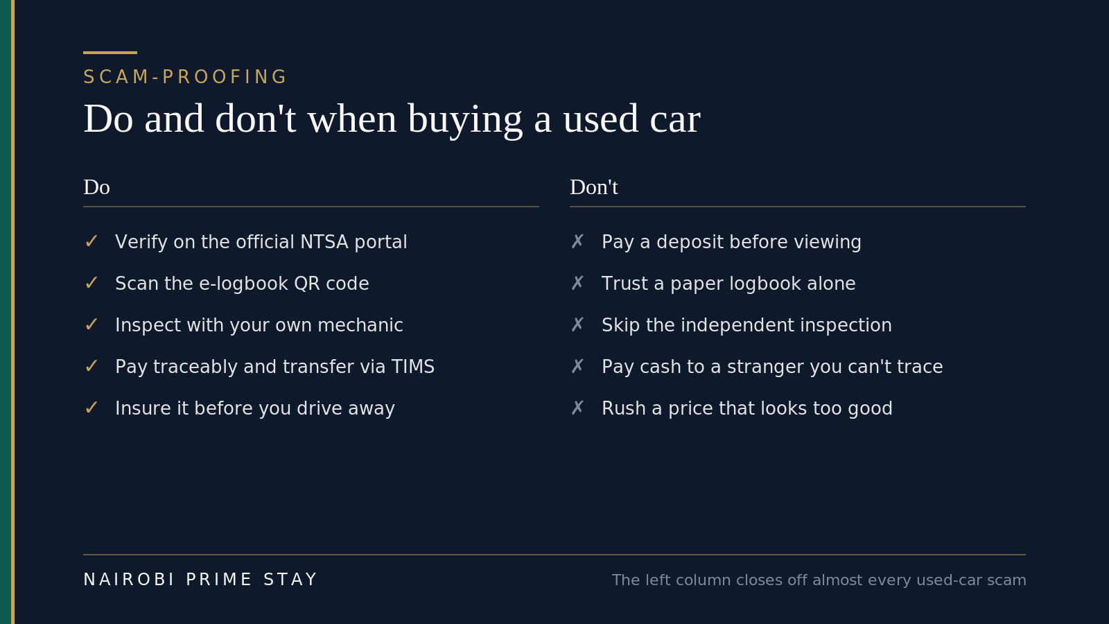 Buying a car in Nairobi — do and don't. Do: verify on the official NTSA portal, scan the e-logbook QR code, inspect with your own mechanic, pay traceably, transfer through TIMS. Don't: pay a deposit before viewing, trust a paper logbook alone, skip the inspection, pay in cash to a stranger, rush a too-good price.
