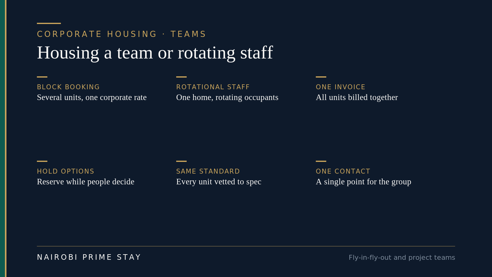 Infographic on housing a team or rotating staff in Nairobi: block-book several units on one corporate rate, keep one home for rotating occupants, receive one invoice for all units, hold options while people decide, keep every unit vetted to the same standard, and deal with one point of contact.