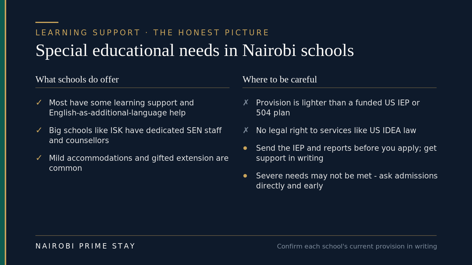 Special educational needs in Nairobi schools: what schools offer — some learning support and EAL help, dedicated SEN staff at big schools like ISK, mild accommodations and gifted extension; where to be careful — lighter than a funded US IEP, no legal right like IDEA, send documentation before applying, severe needs may not be met