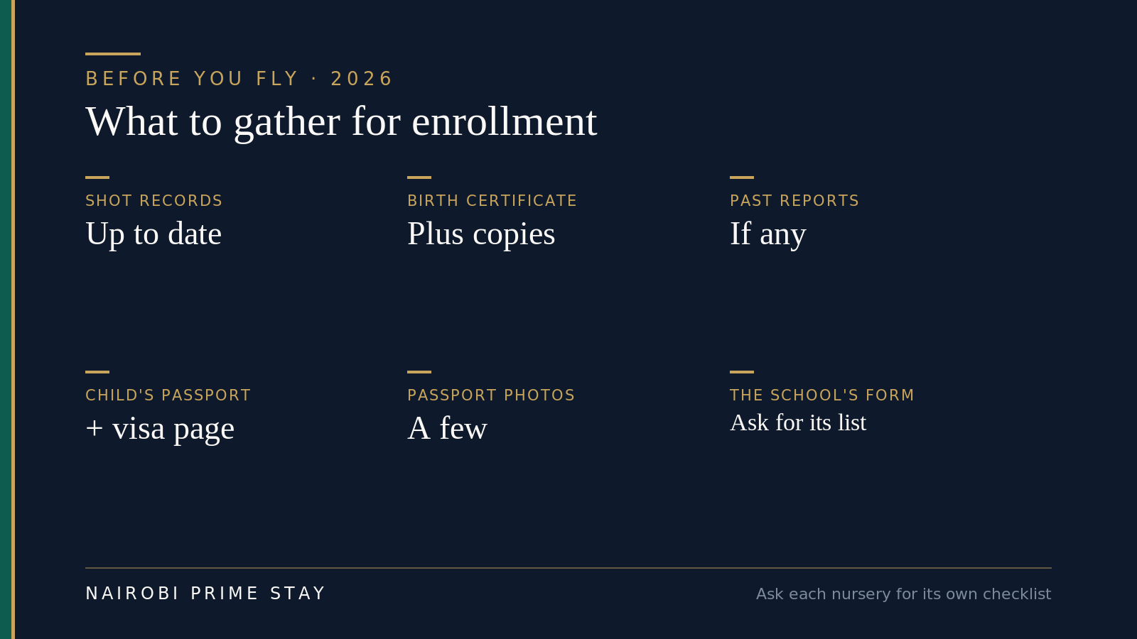 What to gather before you fly for nursery enrollment in Nairobi: up-to-date immunization records, the birth certificate plus copies, any past school reports, the child's passport and visa page, a few passport-size photos, and the school's own enrollment form — ask each nursery for its exact list