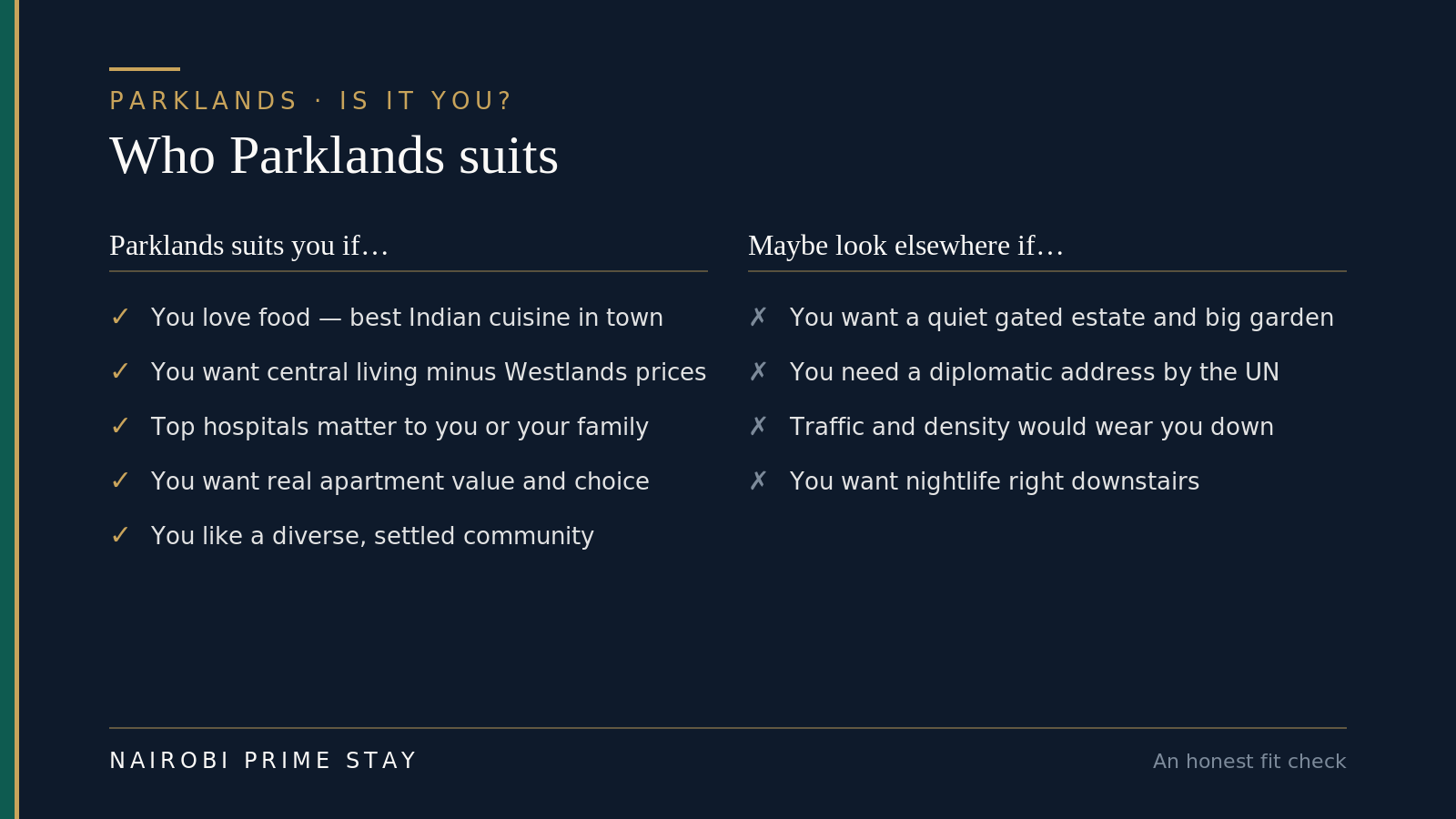 Who Parklands suits: it fits you if you love food and want the city's best Indian cuisine on your street, want central living without Westlands prices, value top hospitals nearby, want real apartment value and choice, or like a diverse, settled community. Look elsewhere if you want a quiet gated estate with a big garden, need a diplomatic address by the UN, would be worn down by traffic and density, or want nightlife right downstairs.