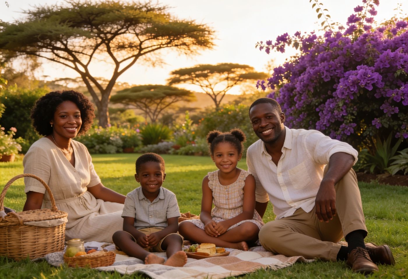 African American family relaxing at a golden-hour picnic under acacia trees in a Nairobi garden