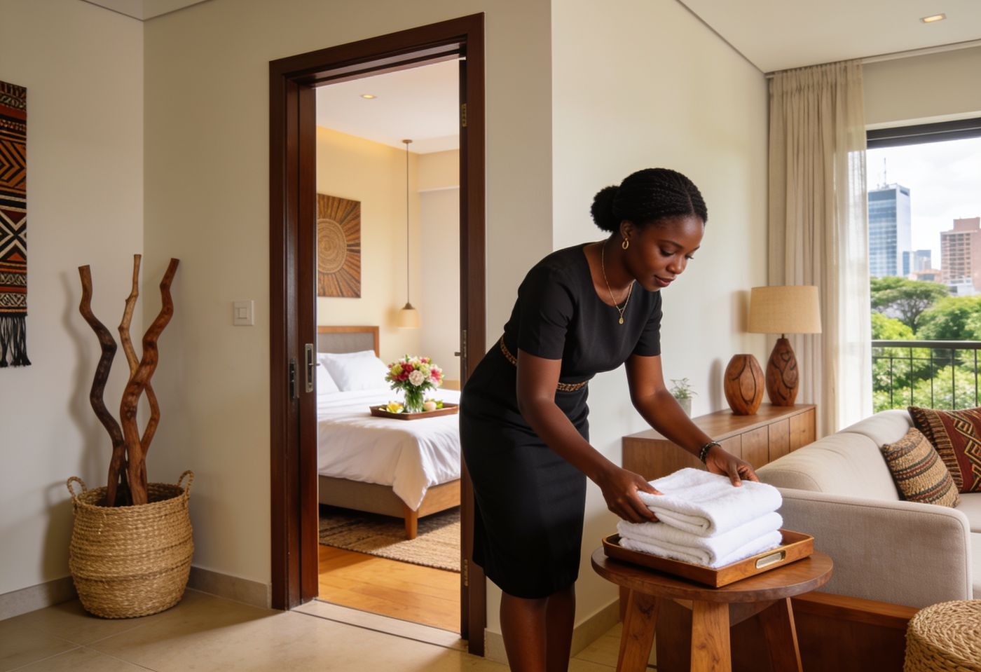 Host preparing a furnished short-let apartment in Nairobi with fresh towels and a welcome tray