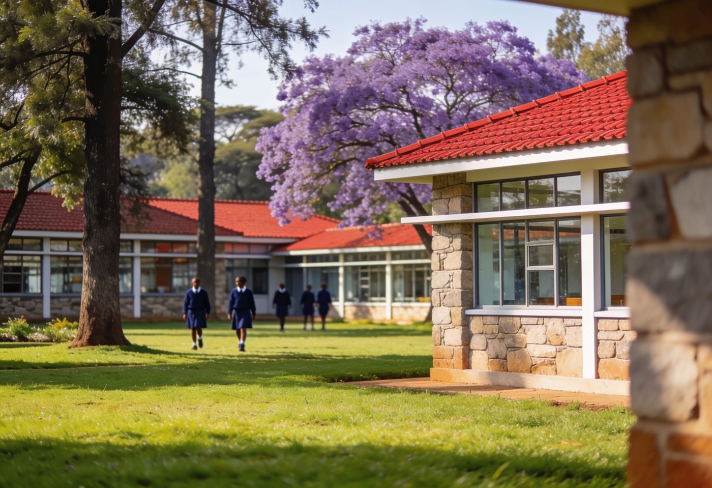 Leafy international school campus in Nairobi with stone buildings, red tile roofs and jacaranda trees