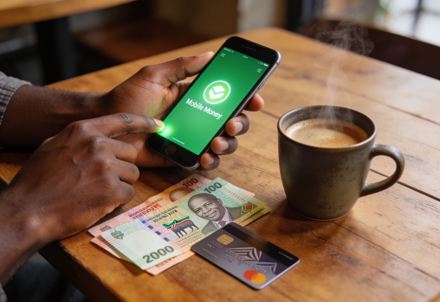 Paying with a mobile money app on a smartphone with Kenyan shilling notes and a bank card