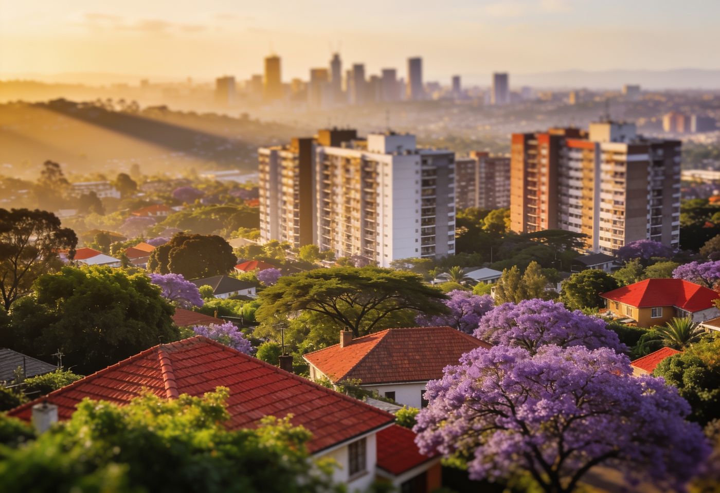 Golden-hour aerial view over Nairobi's leafy suburbs, mid-rise apartment blocks and the distant skyline
