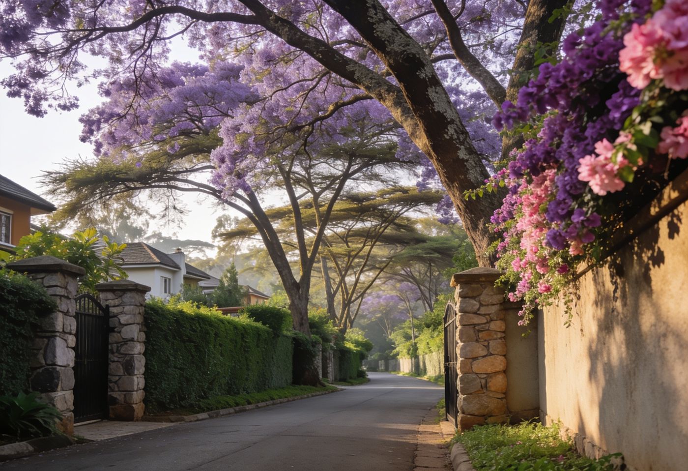 Jacaranda blossoms and bougainvillea over a quiet leafy street in one of Nairobi's best residential neighborhoods