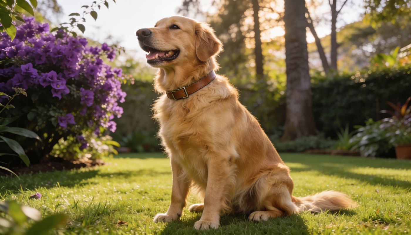 Golden retriever settled into a leafy Nairobi garden after relocating to Kenya
