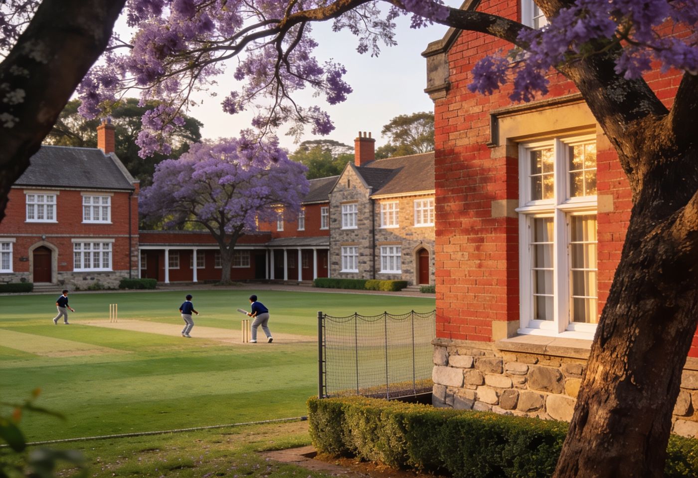 Red-brick British-style school campus in Nairobi with pupils playing cricket on a green field