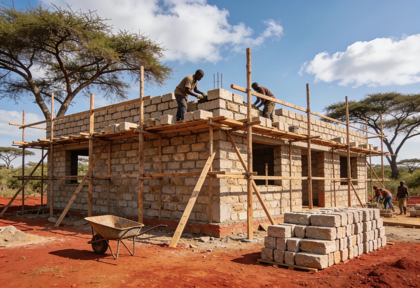Masons building a machine-cut stone house on a red-earth plot in Kenya, timber scaffolding and acacia trees