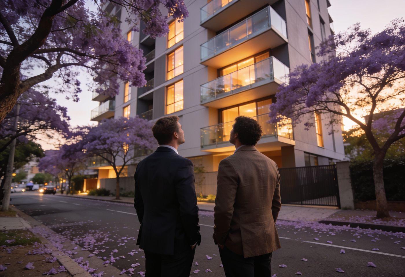 Investor and agent looking up at a modern Nairobi apartment building on a jacaranda-lined street at dusk