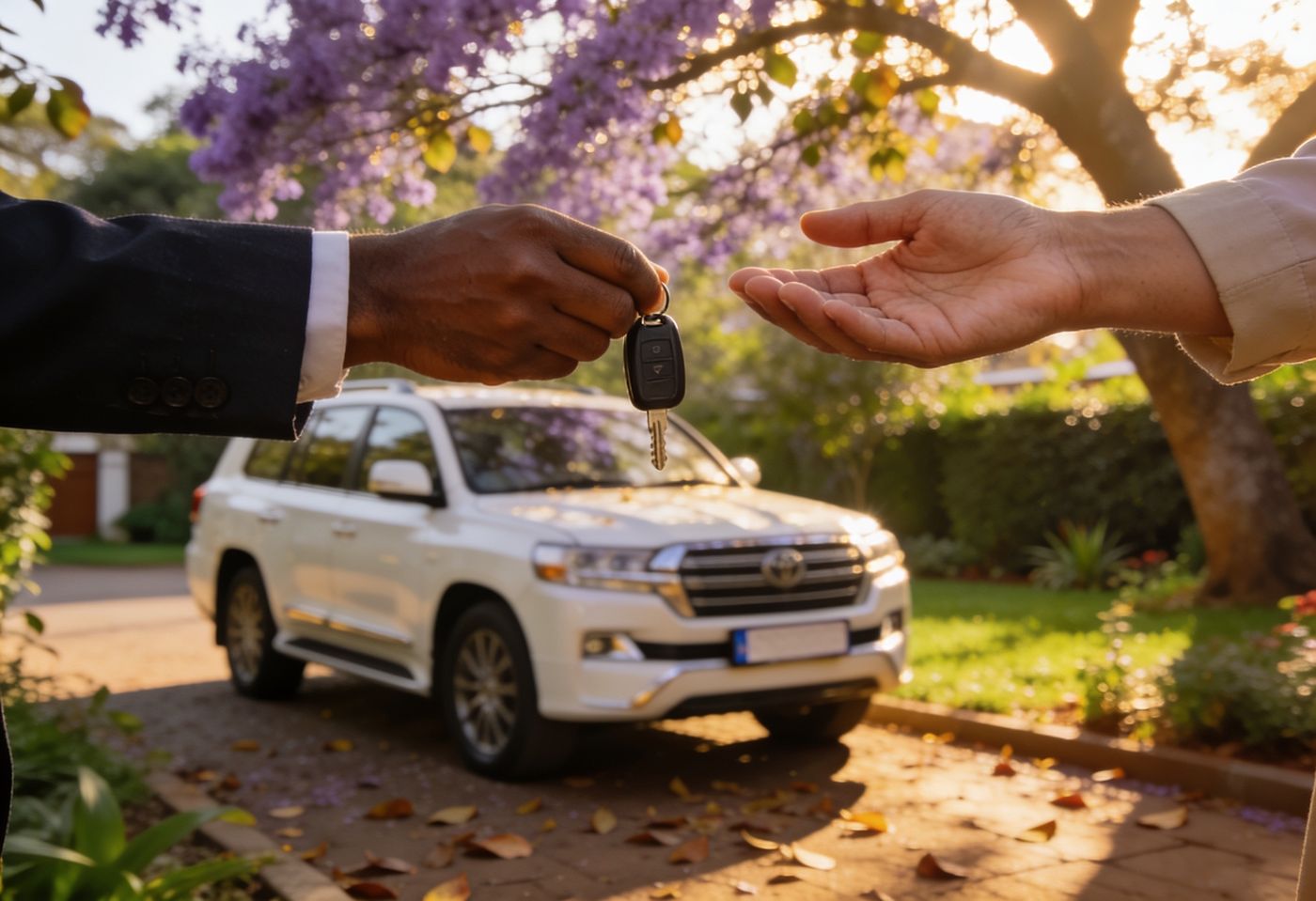 Seller handing over car keys in front of a white SUV on a leafy jacaranda-shaded Nairobi driveway