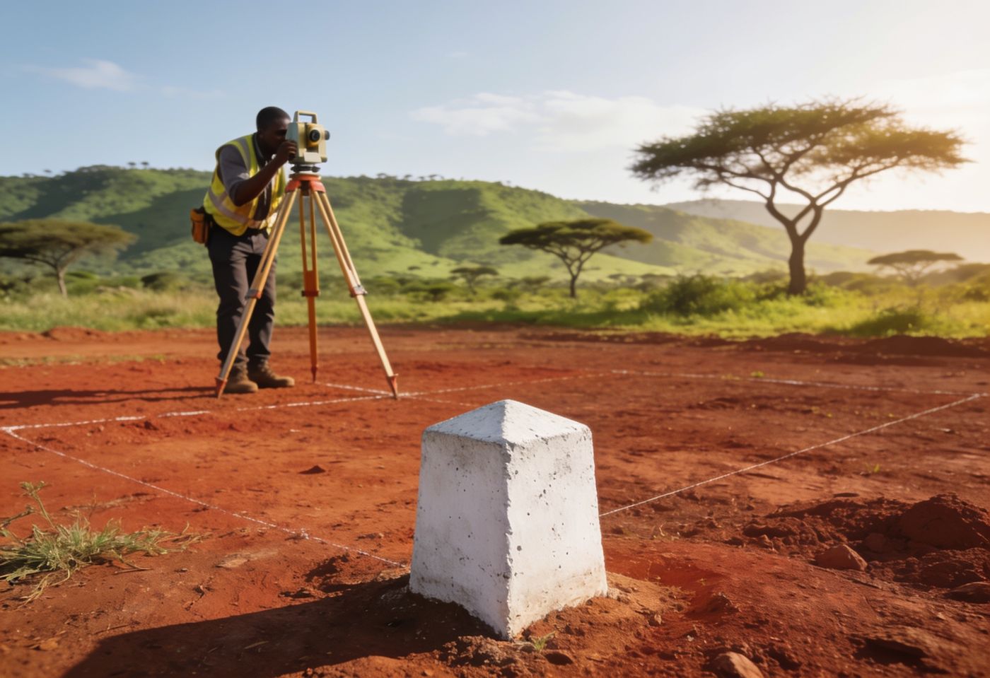 Surveyor marking out a plot of land in Kenya with a white corner beacon in the foreground