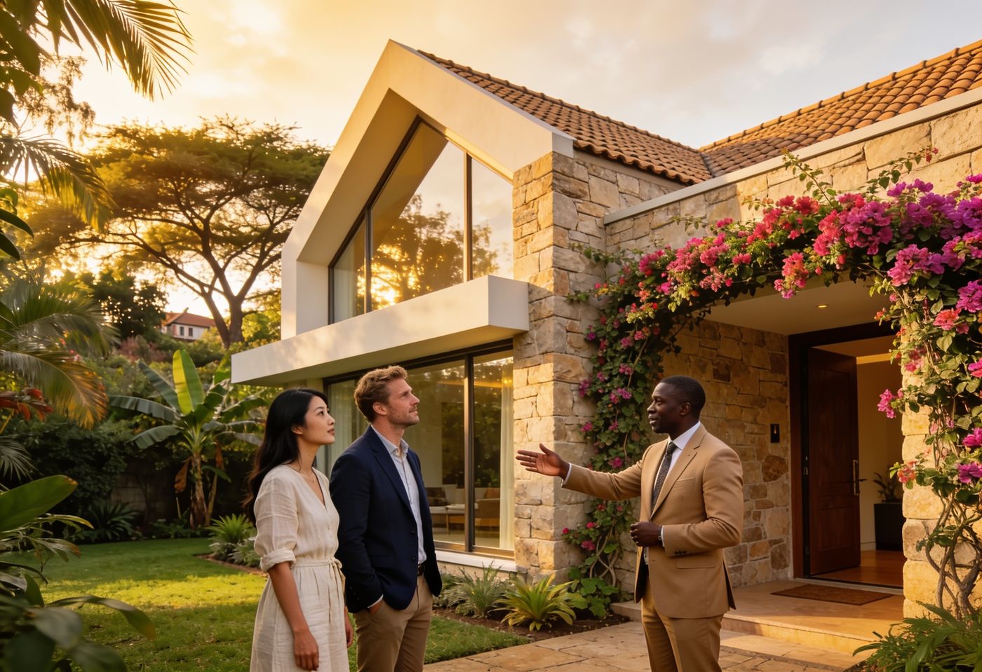 Real-estate agent showing an international couple a modern stone villa in Nairobi