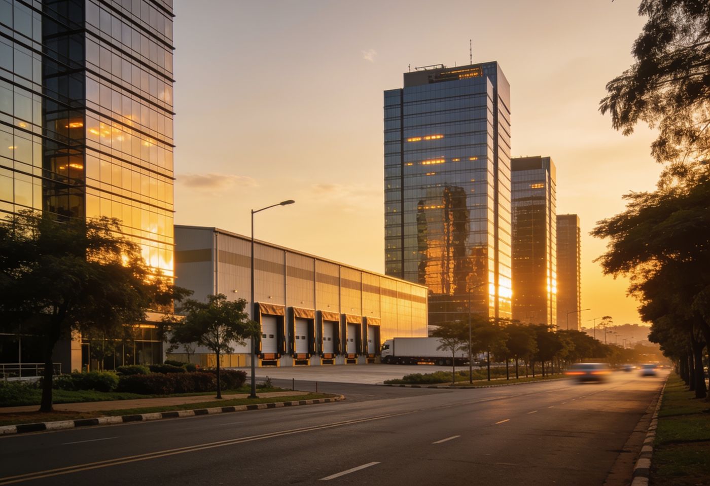 Glass office towers and a logistics warehouse at golden hour in Nairobi's commercial district