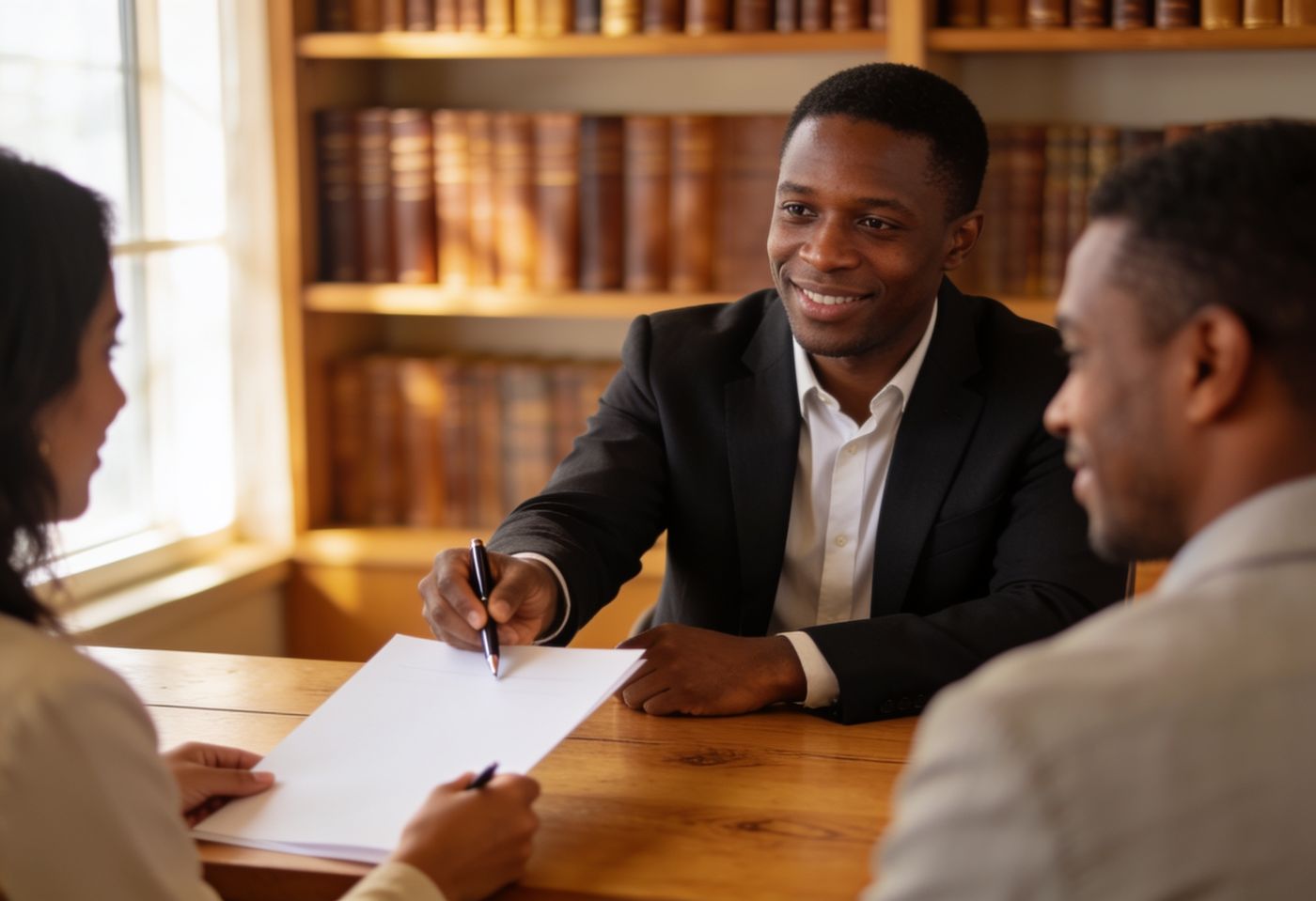 Kenyan property advocate guiding a couple through signing a sale agreement in a warm Nairobi law office