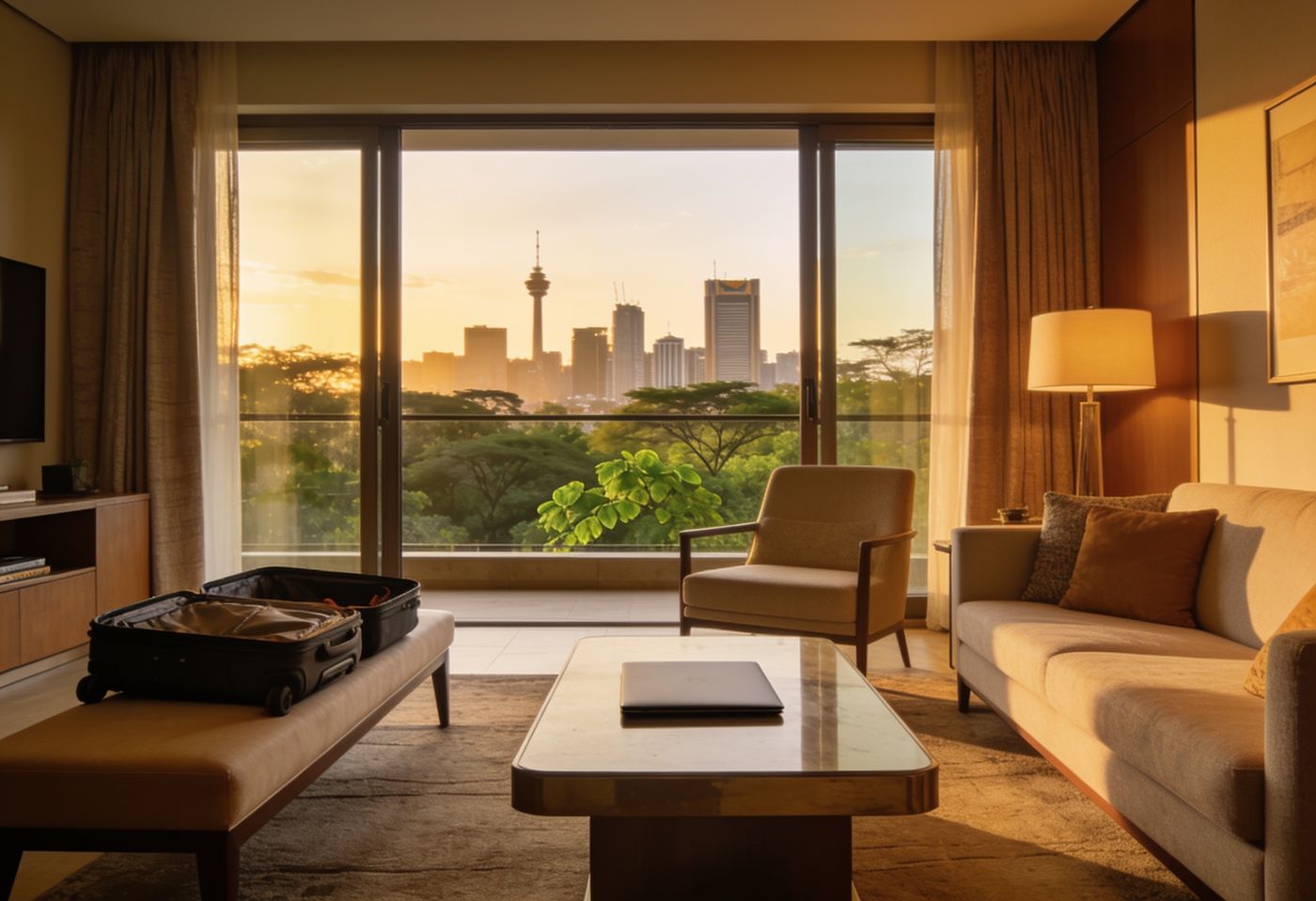 Furnished serviced apartment living room with Nairobi skyline view at golden hour