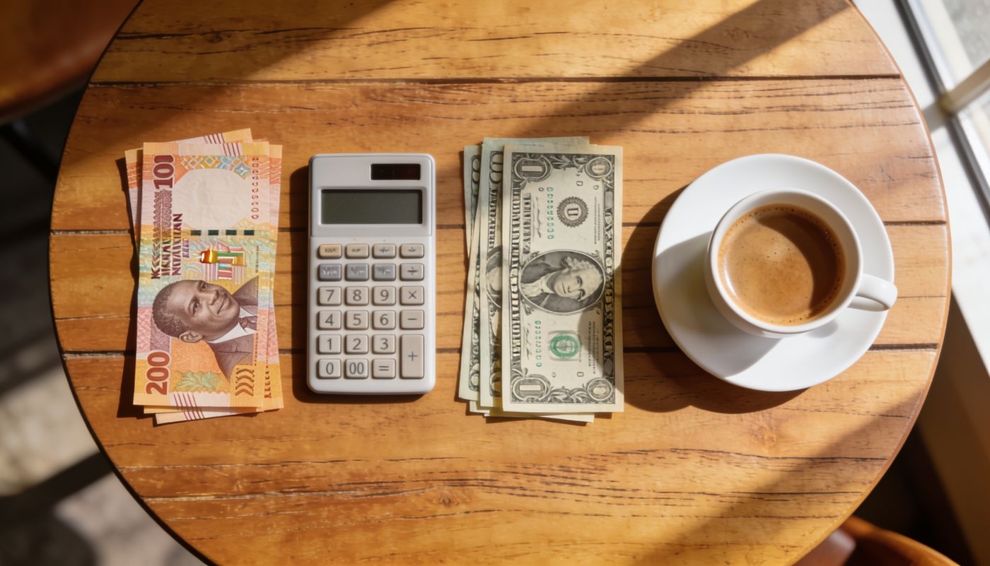 Kenyan shilling and US dollar banknotes side by side with a calculator and coffee, comparing costs