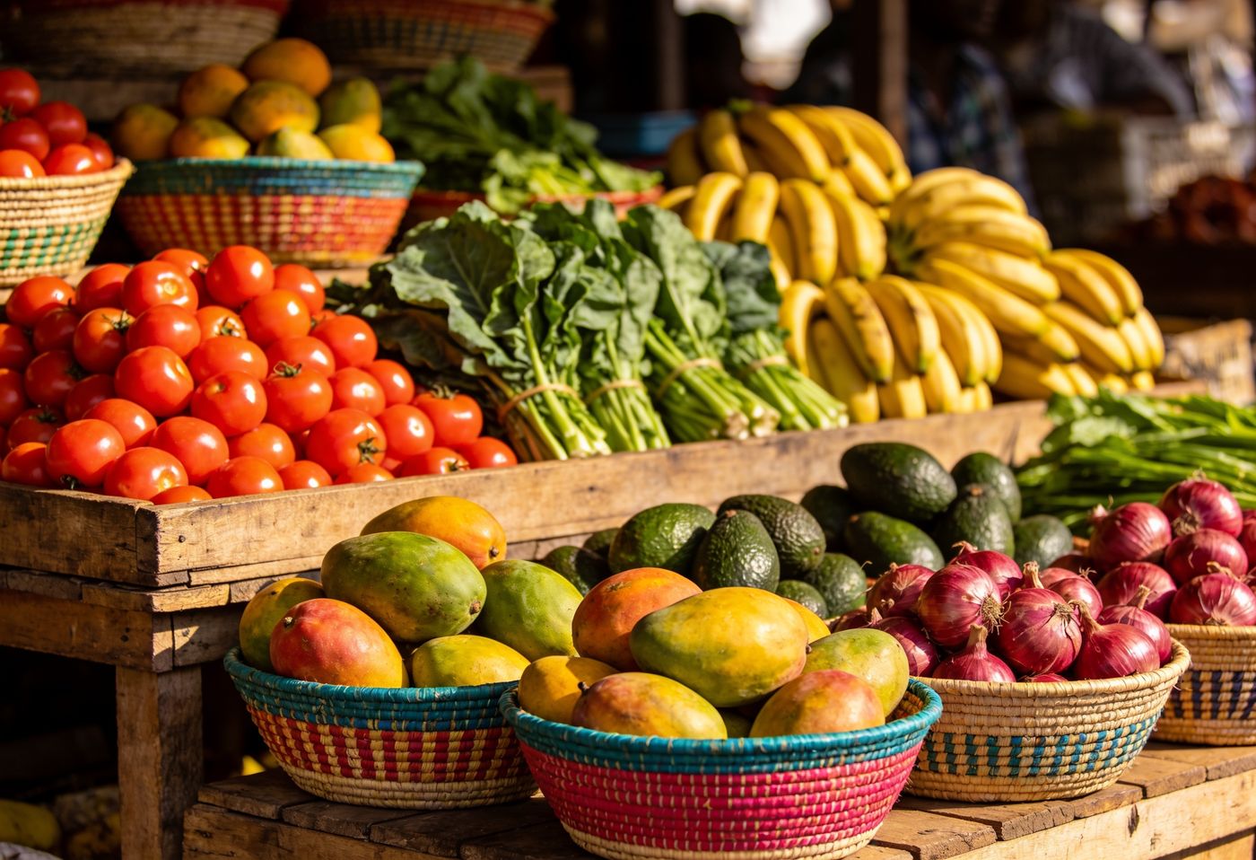 Fresh tomatoes, mangoes, bananas and sukuma wiki in woven baskets at a Nairobi produce market