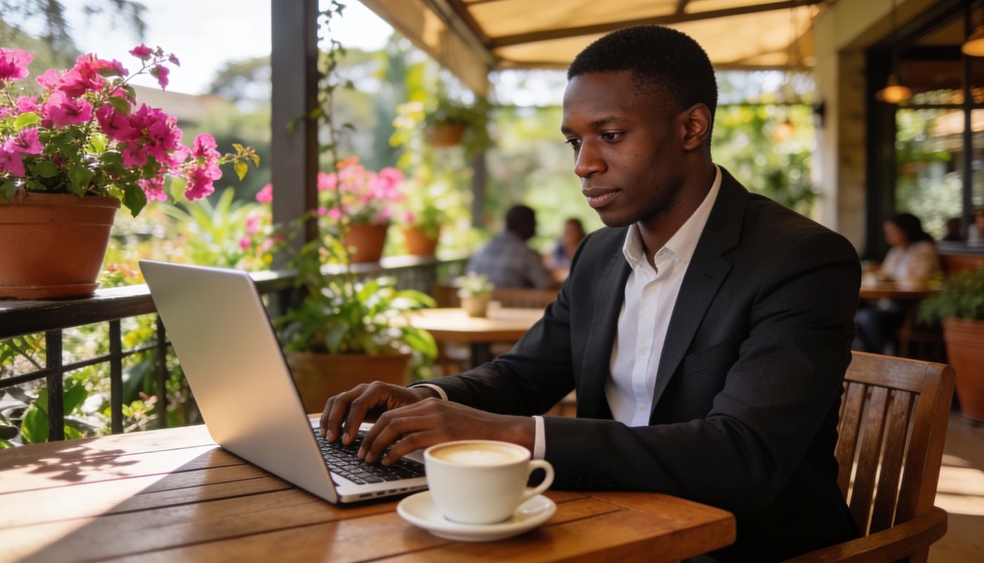 Remote worker with a laptop and flat white on a leafy Nairobi cafe terrace