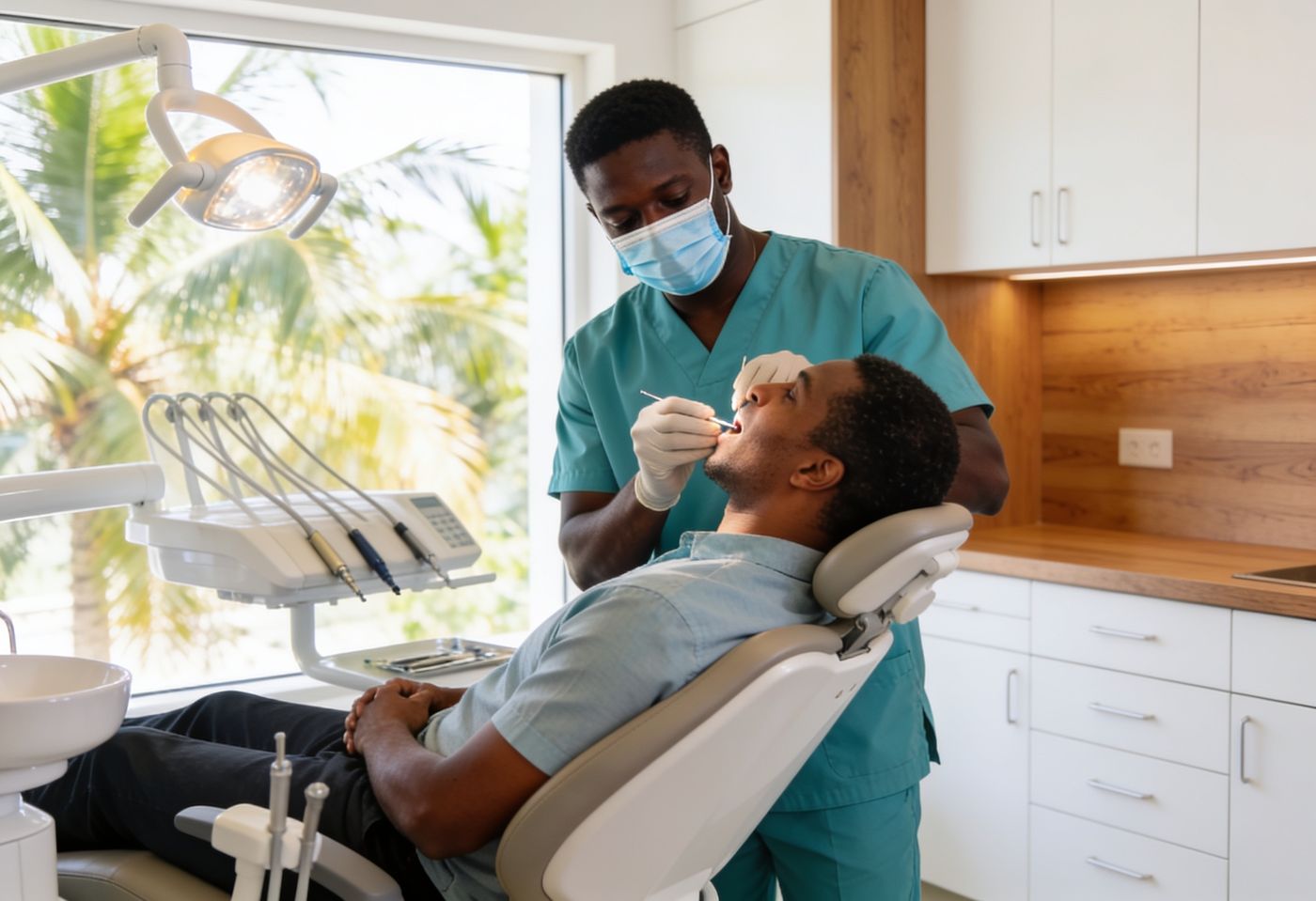 Dentist examining a patient in a bright modern private dental clinic in Nairobi