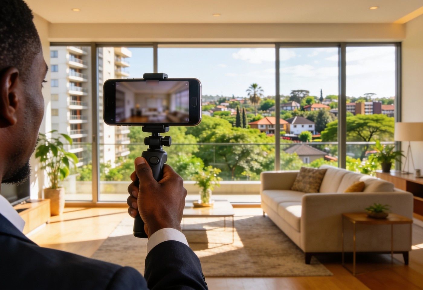 Nairobi agent filming a live video viewing of a bright furnished apartment for a diaspora buyer abroad