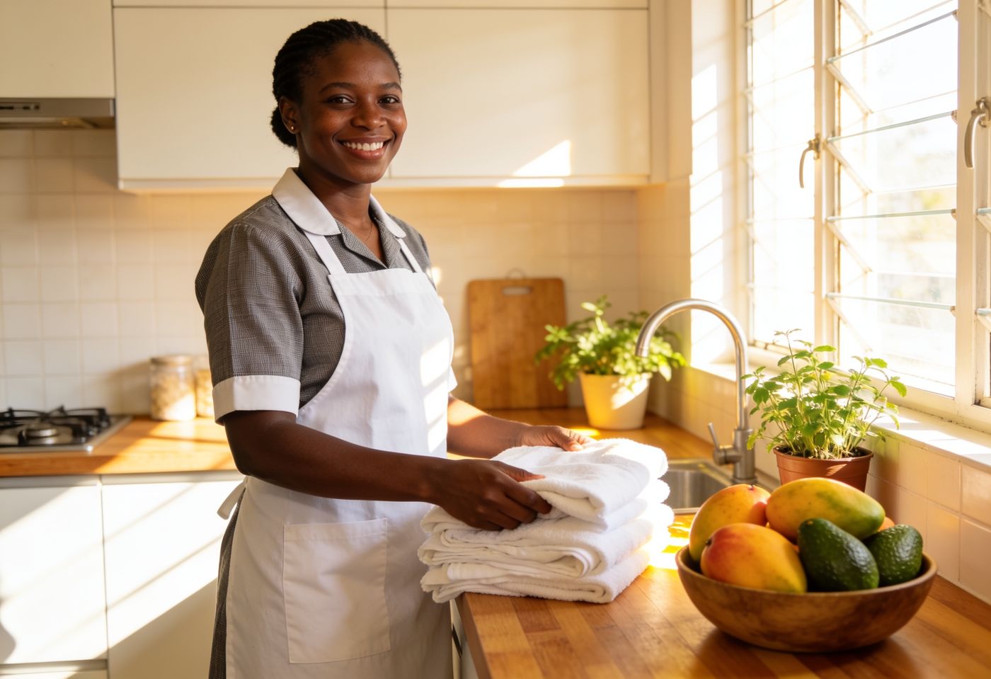 House help folding fresh laundry in a bright, sunlit Nairobi kitchen