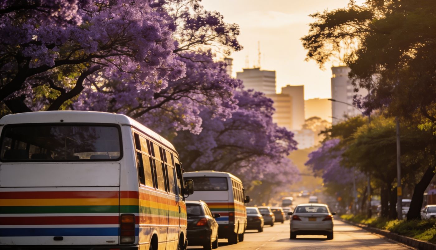 Matatus and cars on a jacaranda-lined Nairobi avenue at golden hour