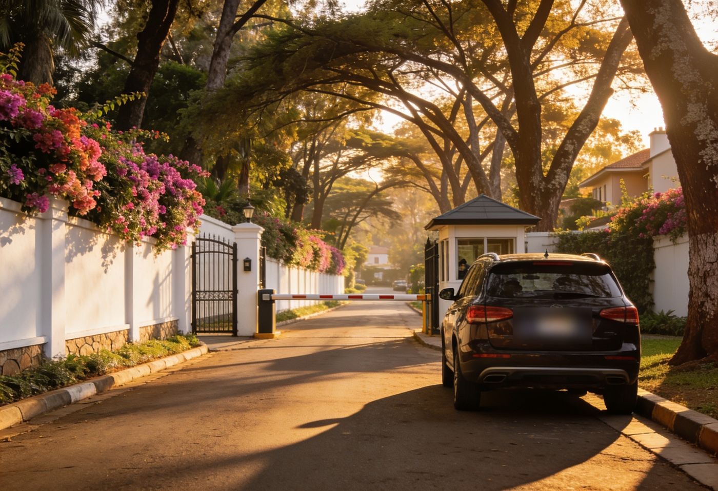 Gated diplomatic compound street in Gigiri, Nairobi, with guard hut, barrier and bougainvillea-draped white walls