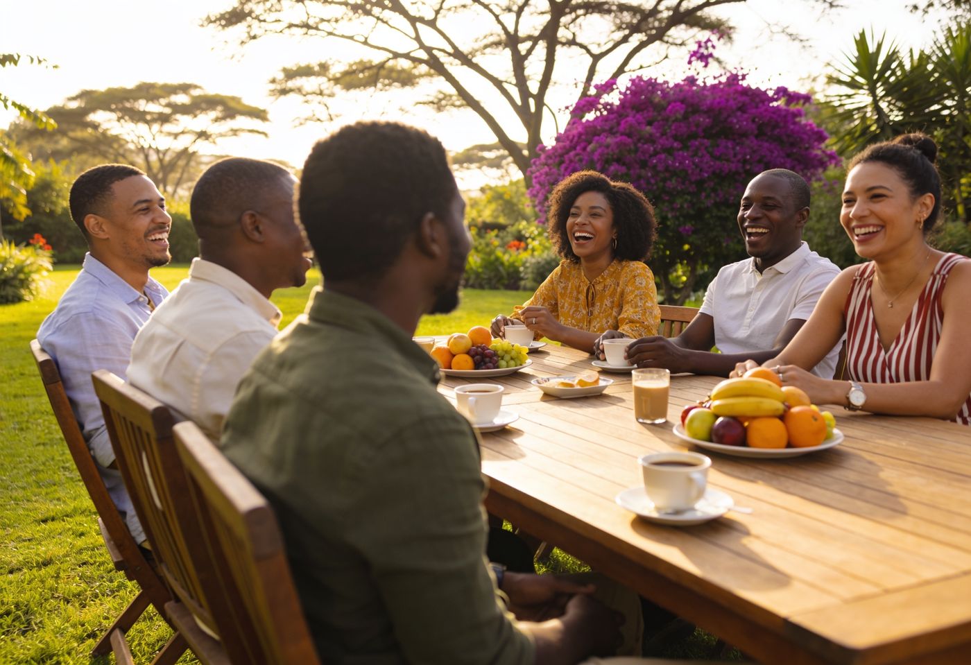 Expat friends laughing over coffee at a garden brunch in Nairobi, bougainvillea and acacia trees behind