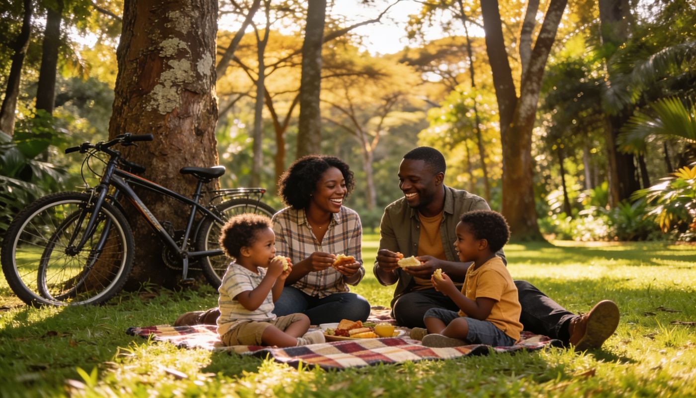 Family picnic under indigenous trees in a Nairobi forest park, bikes leaning nearby