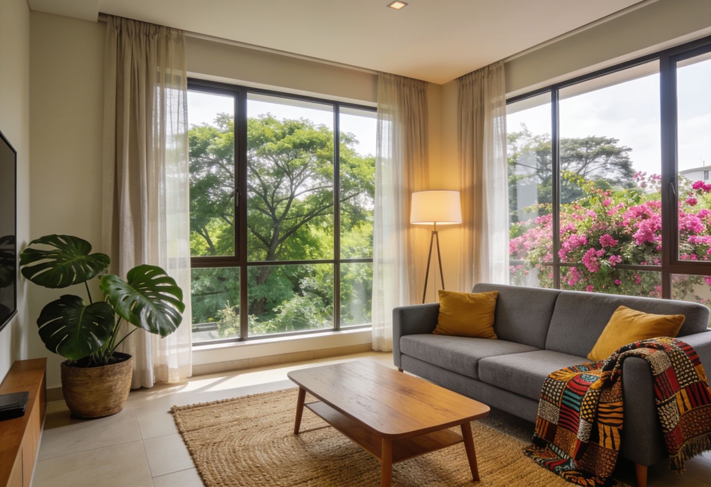 Bright furnished living room in a Nairobi apartment - grey sofa, jute rug and leafy garden views