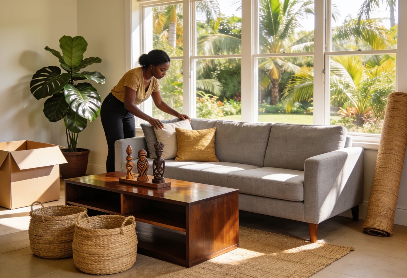 Furnishing a new Nairobi living room — arranging cushions on a sofa beside sisal baskets and hardwood furniture