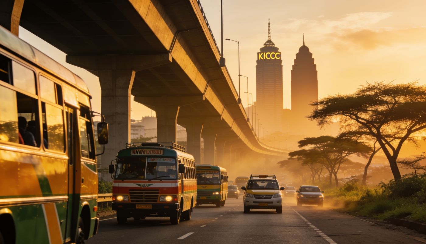 Matatus and evening traffic beneath the Nairobi Expressway, with the KICC tower on the skyline