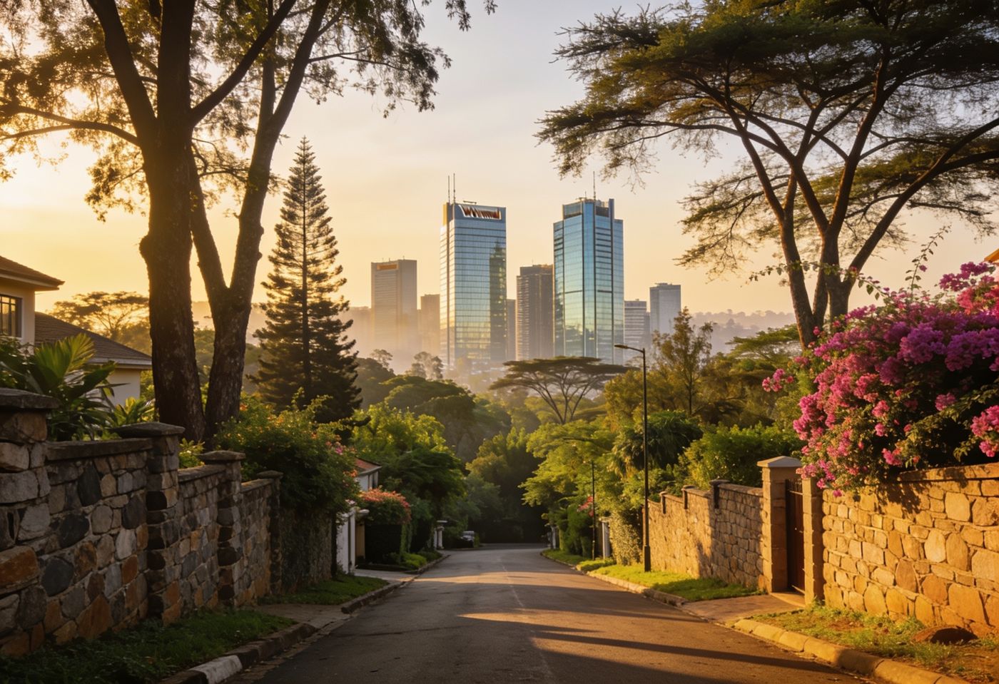 Quiet leafy Gigiri street with stone walls looking toward the high-rise towers of Westlands, Nairobi