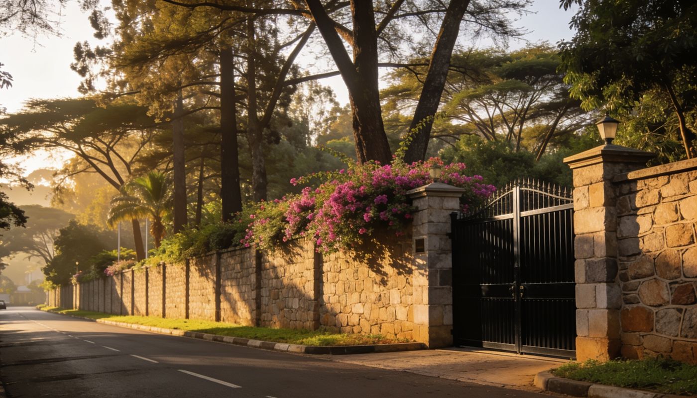 Stone perimeter wall, black embassy gate and bougainvillea on a leafy Gigiri avenue in Nairobi
