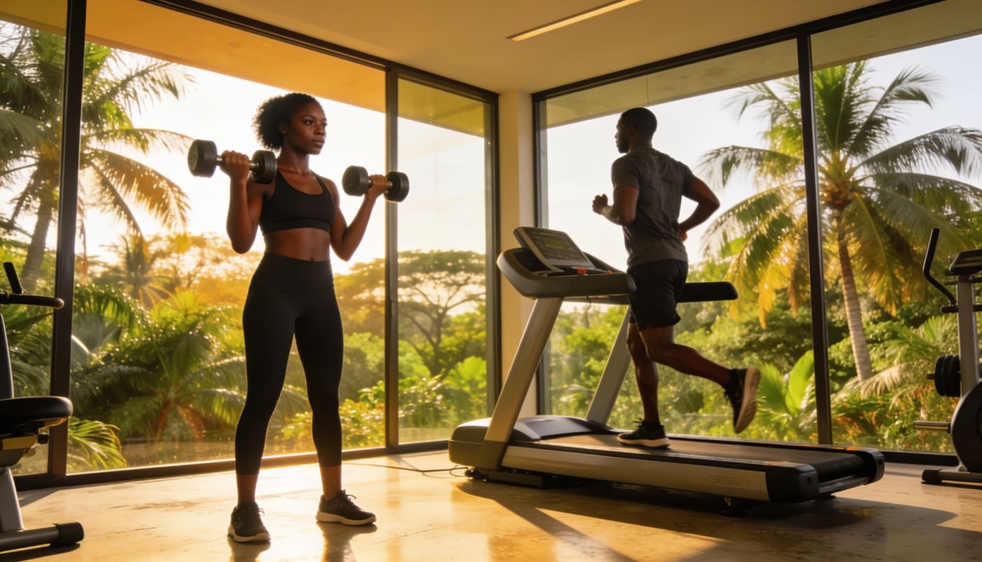 Modern gym in Nairobi with leafy green views through floor-to-ceiling windows
