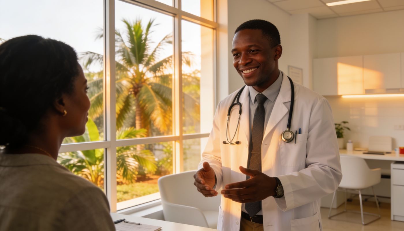 Doctor consulting a patient at a bright modern private clinic in Nairobi, Kenya