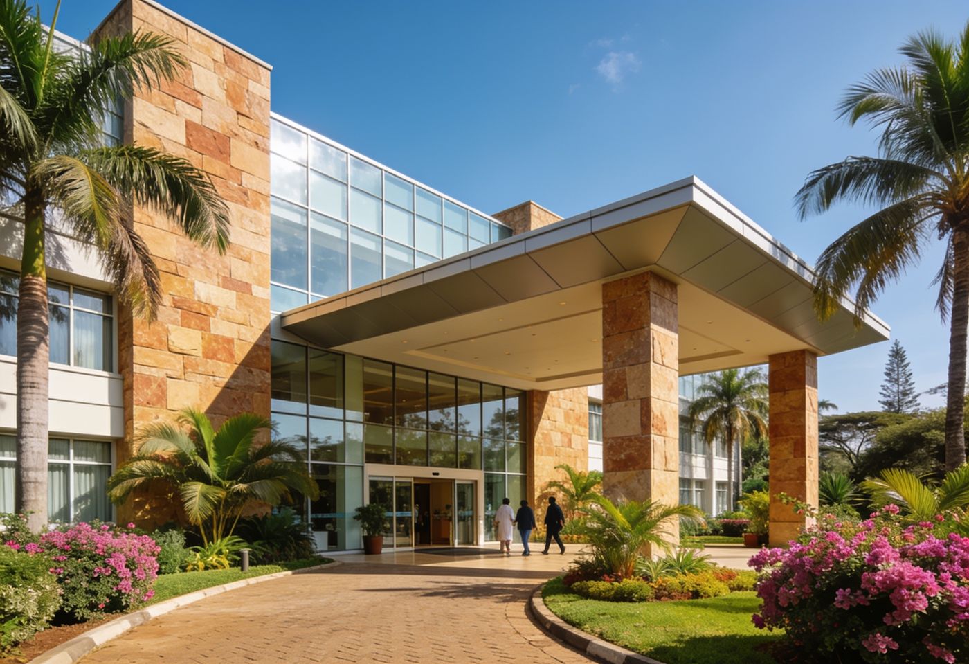 Modern private hospital entrance in Nairobi with palm trees and tropical landscaping