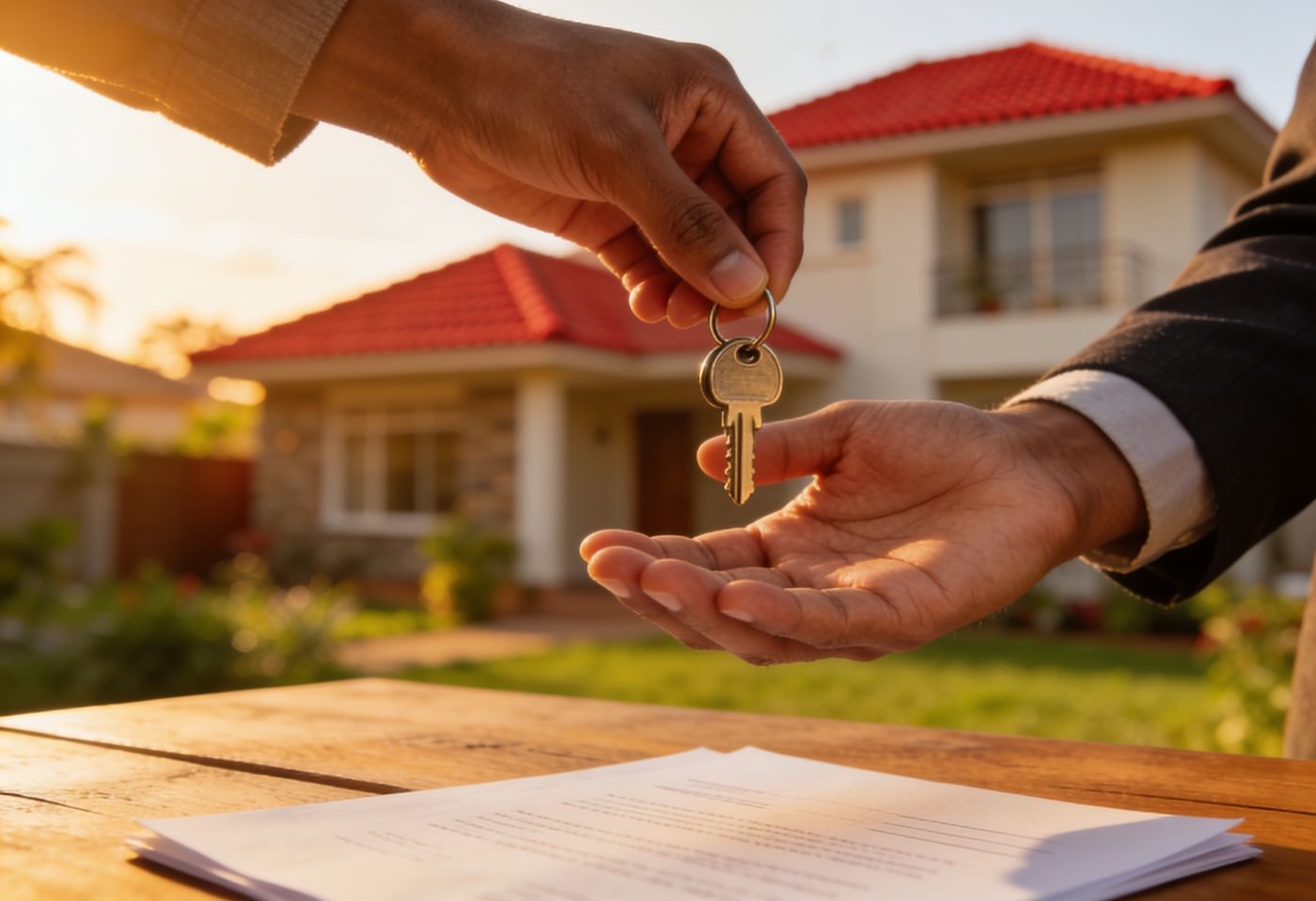 Seller handing house keys to a buyer in front of a Kenyan home after completing a property purchase