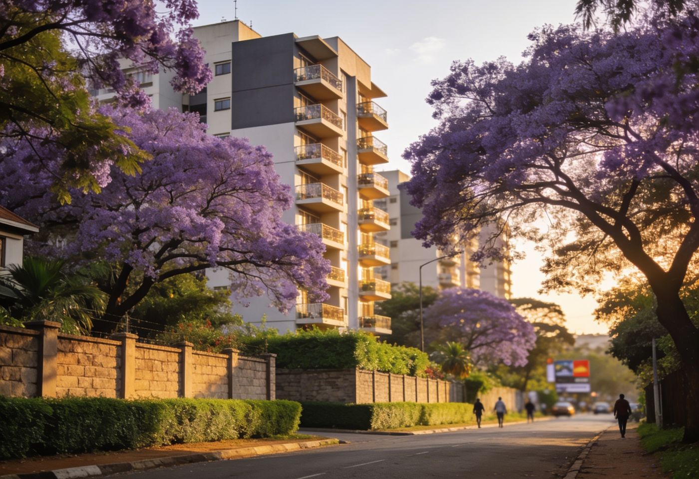 Jacaranda trees in bloom over modern apartment buildings on a leafy Hurlingham street, Nairobi