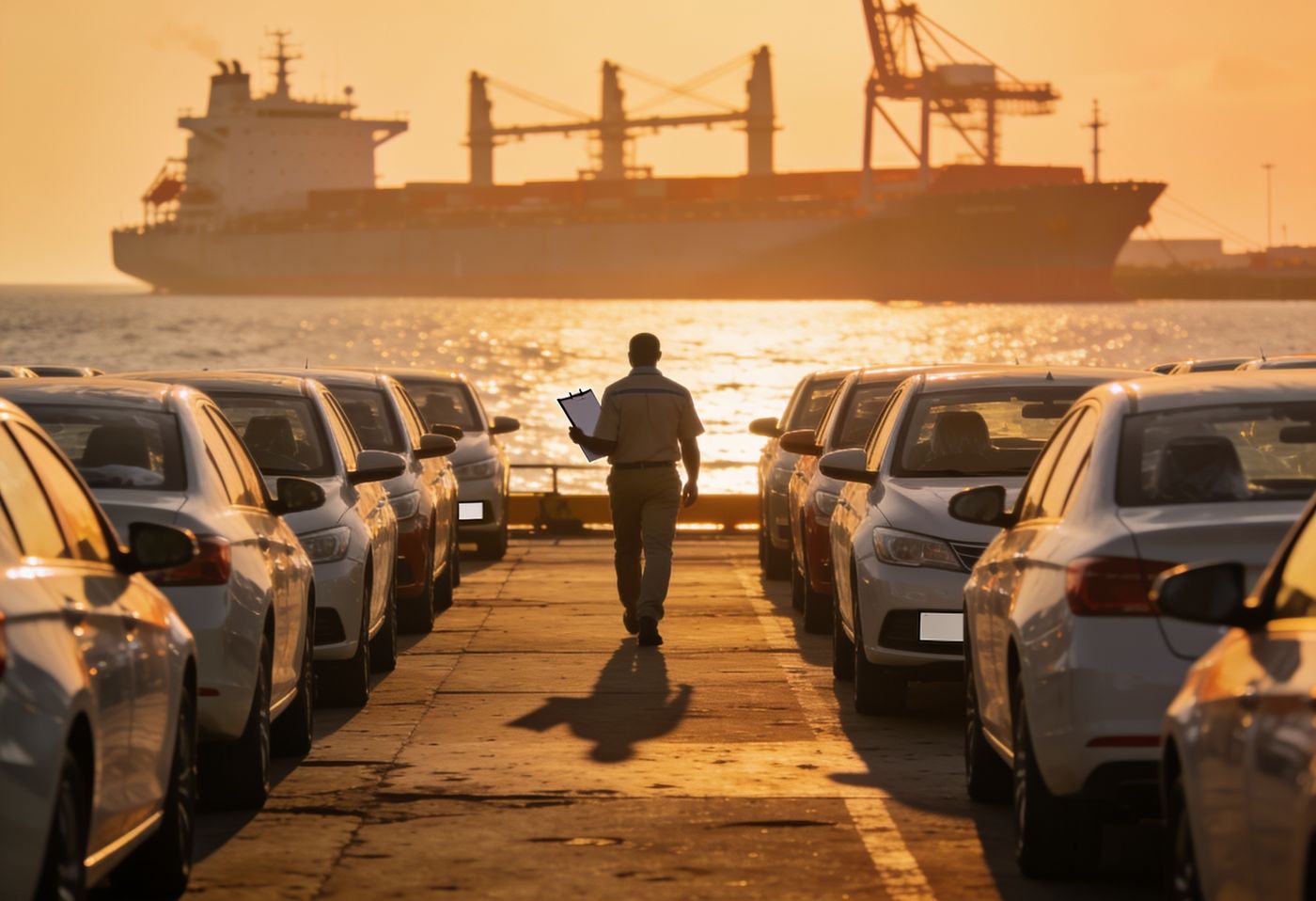 Imported cars lined up on the Mombasa port dock with a cargo ship in the background