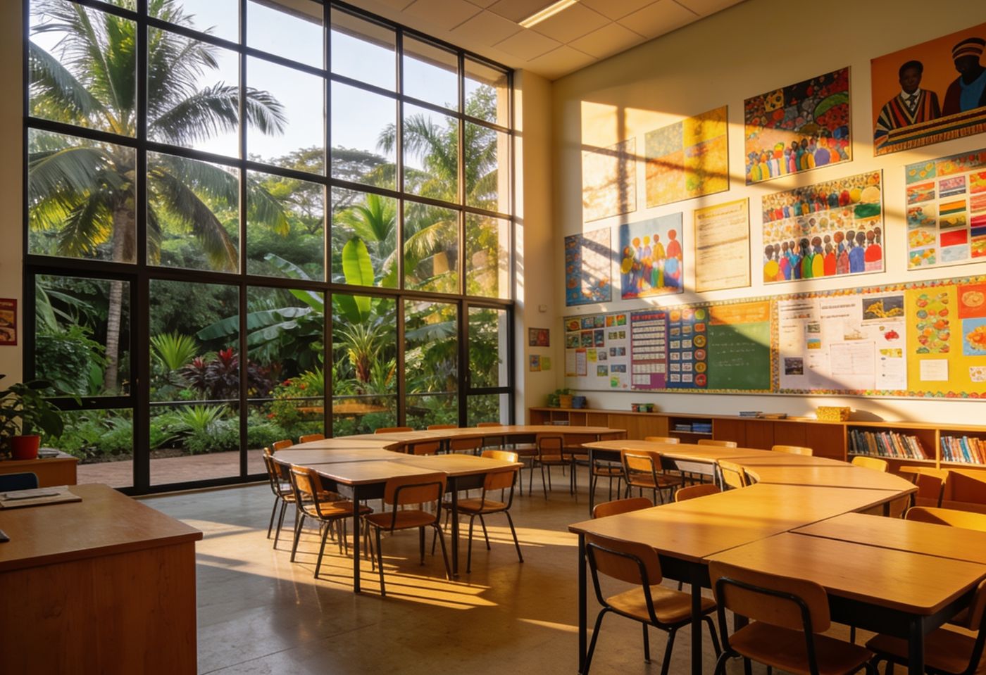 Sunlit international school classroom in Nairobi with colourful artwork and garden views