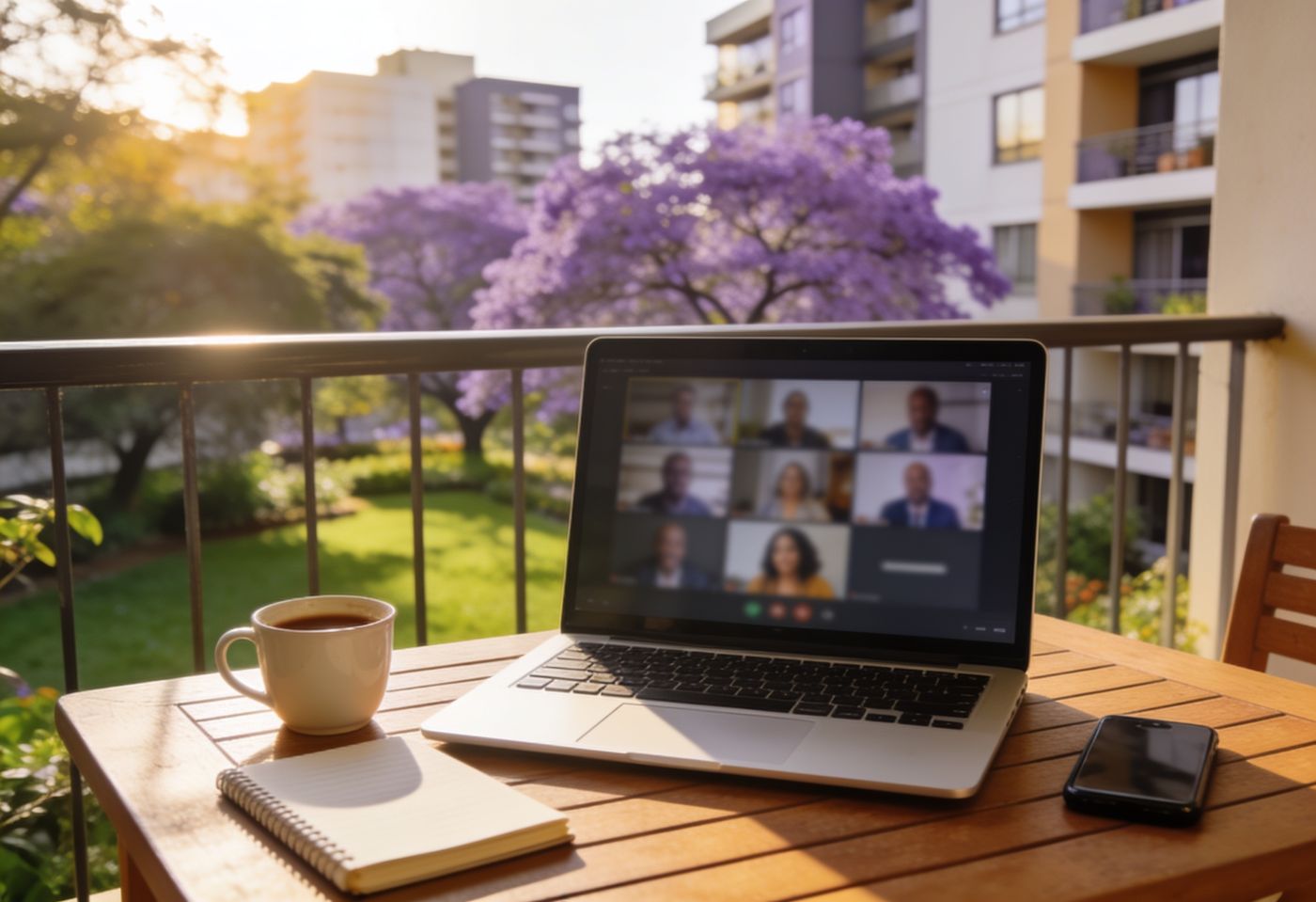 Remote work setup on a Nairobi apartment balcony - laptop on a video call, coffee and jacaranda trees behind