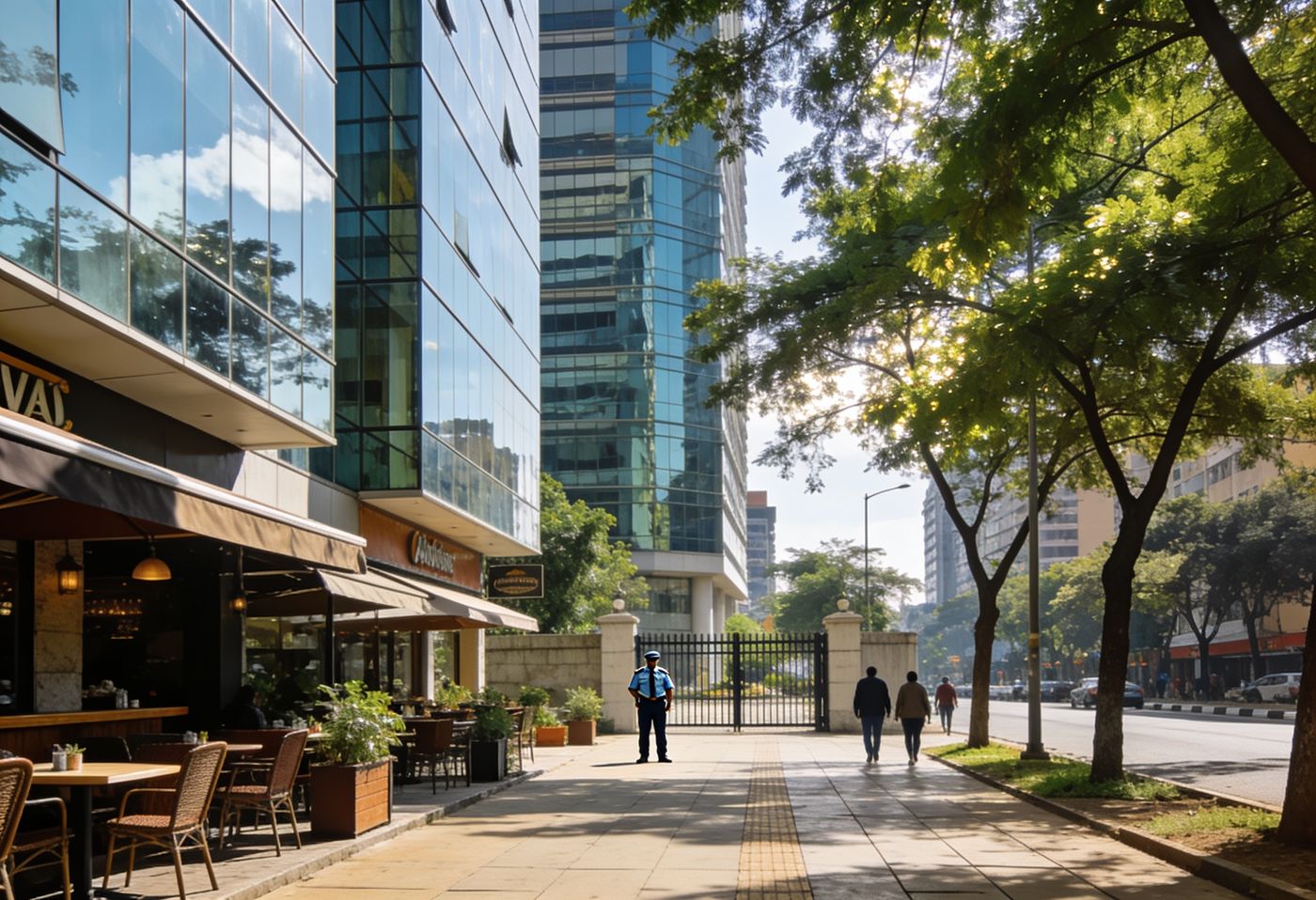 Calm daytime street in Westlands, Nairobi, with office towers, cafes and a guarded gated entrance