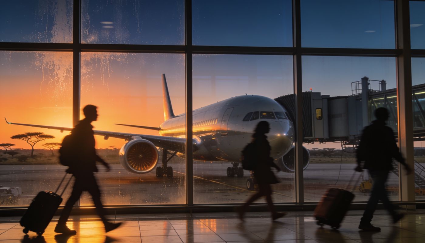 Travelers with luggage at the terminal window as a jet parks at sunrise, Nairobi JKIA