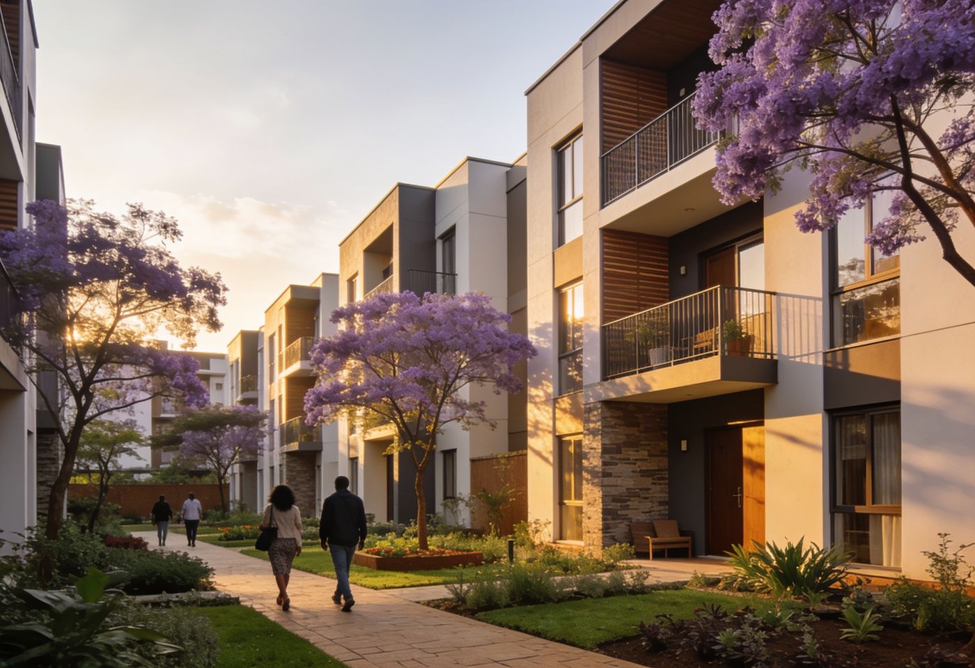 Modern rental apartment blocks with landscaped courtyards and jacaranda trees in Nairobi, the kind of income property Kenyan REITs hold
