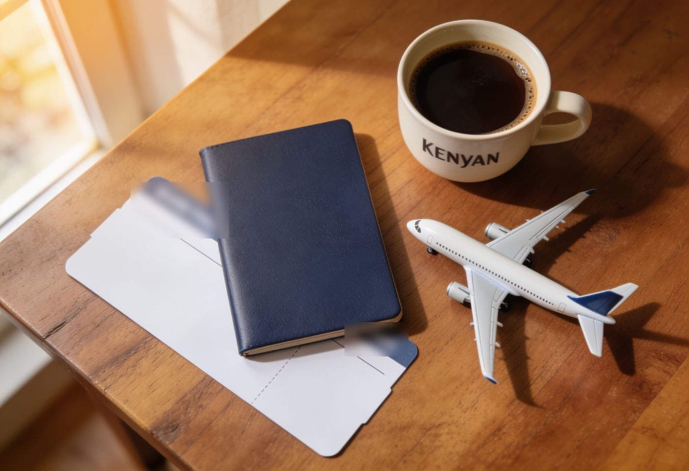 Passport, boarding passes and coffee on a table — preparing travel documents for a move to Kenya