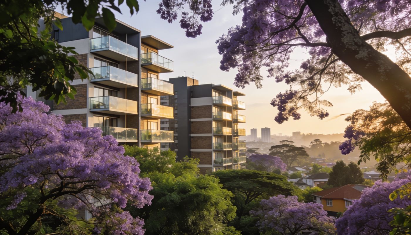 Modern apartment buildings rising among purple jacaranda trees in Kileleshwa, Nairobi